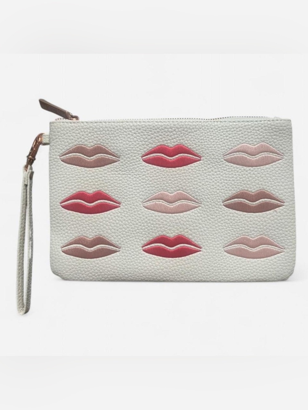 Beautybio White and Pink Faux Leather Lip Pattern Wristlet Makeup Cosmetic Bag